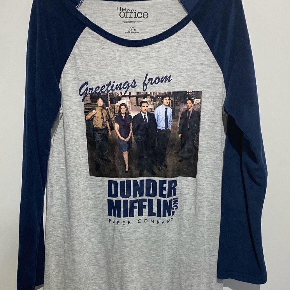 The Office Women's Gray Blue Dunder Mifflin Heathered Pullover‎ Shirt Size Large